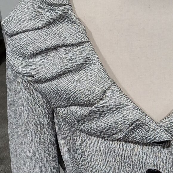 Adrianna Papell Evening Essential Shimmer Silver Jacket w ruffle collar size 12P - Picture 2 of 3